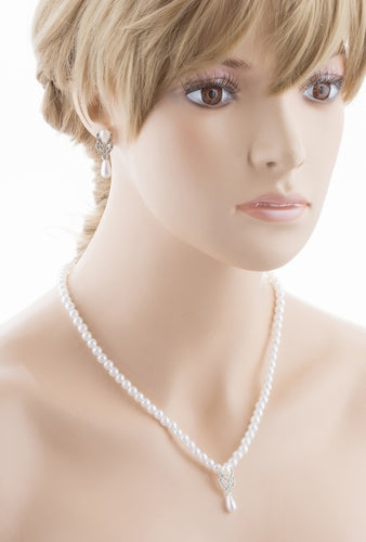 Bridal Wedding Jewelry Set Crystal Vintage Single Strand Pearls Necklace Silver - Accessoriesforever