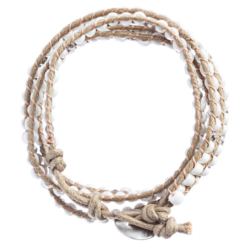 Beaded Brown String Cord with Button Knot Closure Wrap Bracelet White