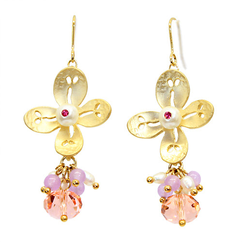 Semiprecious Crystal Cluster Drop Flower Earrings Pink
