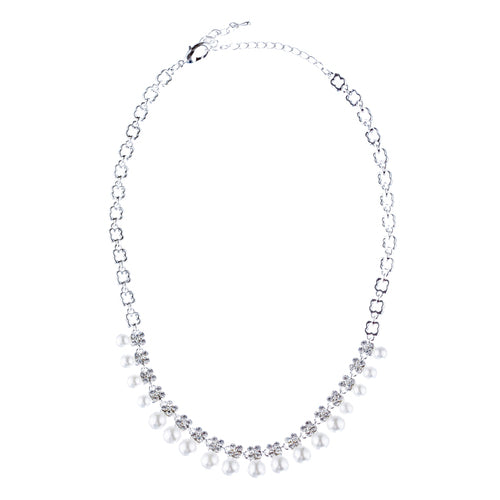 Bridal Wedding Jewelry Rhinestone Pearl Dangles Floral Necklace Set J666 Silver