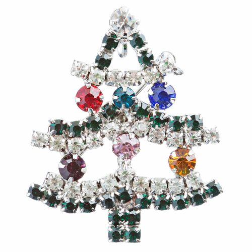 Christmas Jewelry Christmas Tree Pin with Multi Crystal Rhinestone BH134 Green