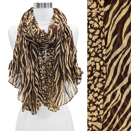 Duo Animal Print Pattern Crinkled Fashion Scarf Brown
