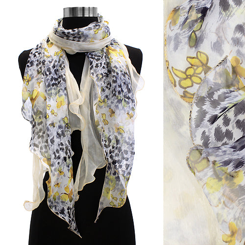 Duo Layered Floral Leopard Animal Chiffon Scarf Yellow
