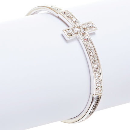 Cross Jewelry Crystal Rhinestone Simple Charm Stretch Bracelet B509 Silver - Accessoriesforever