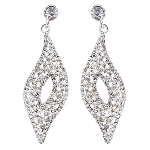 Bridal Wedding Jewelry Crystal Rhinestone Open Wave Chic Dangle Earrings Silver