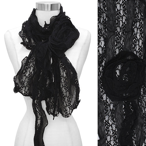 Gorgeous Floral Decorated Lightweight Lace Fashion Scarf Black - Accessoriesforever