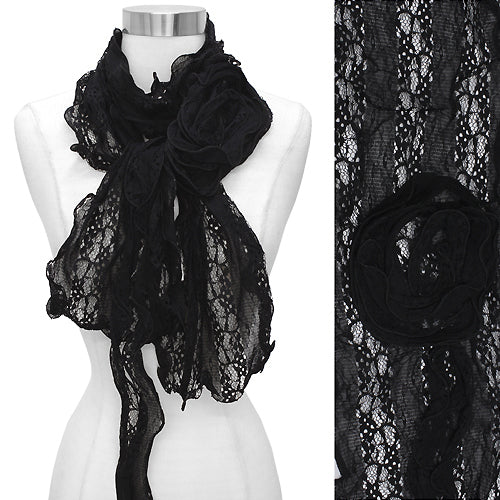 Gorgeous Floral Decorated Lightweight Lace Fashion Scarf Black
