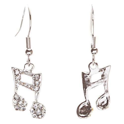 Music Note Charm Crystal Rhinestone Fashion Dangle Earrings Silver Tone Clear - Accessoriesforever
