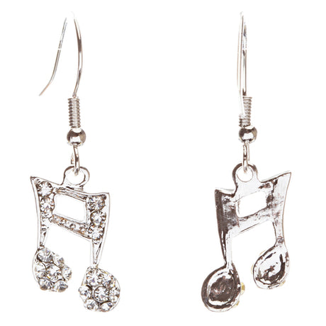 Music Note Charm Crystal Rhinestone Fashion Dangle Earrings Silver Tone Clear
