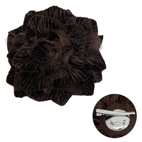 2-Way Velvet Big Flower Corsage Brooch Hair Pin Brown - Accessoriesforever