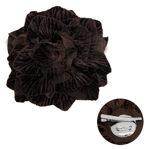 2-Way Velvet Big Flower Corsage Brooch Hair Pin Brown