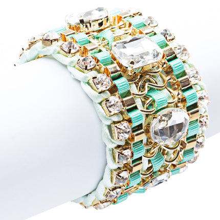 Beautiful Stone Fabric Crystal Rhinestone Latch Fashion Wide Bracelet B456 Green