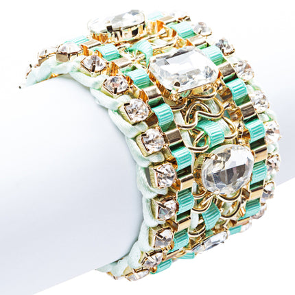 Beautiful Stone Fabric Crystal Rhinestone Latch Fashion Wide Bracelet B456 Green - Accessoriesforever
