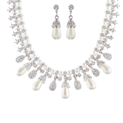 Bridal Wedding Jewelry Set Necklace Crystal TD Pearl Bib Choker Design Silver - Accessoriesforever