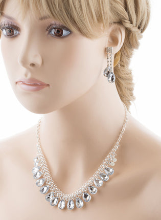 Bridal Wedding Jewelry Set Crystal Rhinestone Teardrop Dangles Necklace Silver - Accessoriesforever