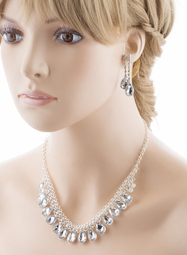 Bridal Wedding Jewelry Set Crystal Rhinestone Teardrop Dangles Necklace Silver