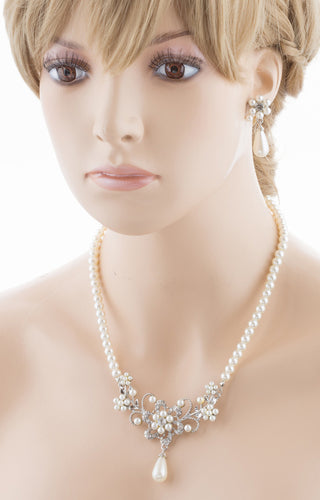 Bridal Wedding Jewelry Set Crystal Rhinestone Pearl Glittering Floral Necklace - Accessoriesforever