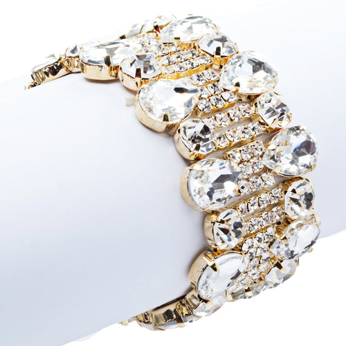 Bridal Wedding Jewelry Crystal Rhinestone Teardrop Bead Stretch Bracelet Gold