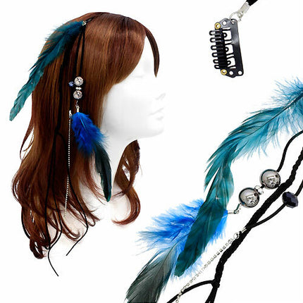 Feather Beaded Hair Extension Mini Hair Clip Comb Leather Cord Black Blue Teal