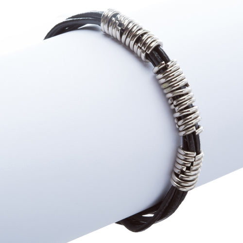6-Strand Pewter T Clip Clasp Leather Bracelet Black