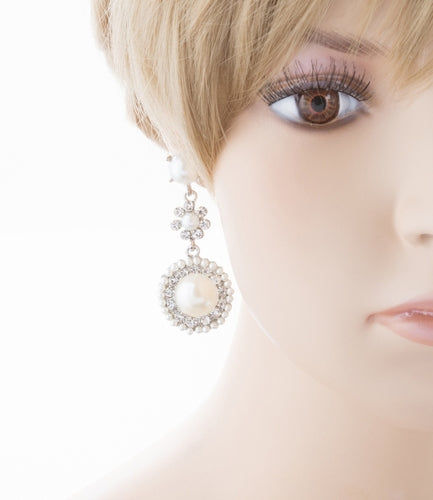 Bridal Wedding Jewelry Crystal Rhinestone Pearl Circle Dangle Earrings Ivory - Accessoriesforever