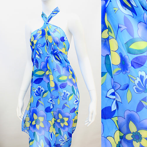 Beach Sarong Pareo Wrap Tropical Flower Blue Yellow