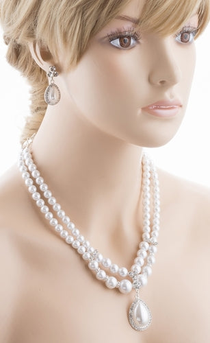 Bridal Wedding Jewelry Crystal Rhinestone Double Strand Pearl Classic Necklace