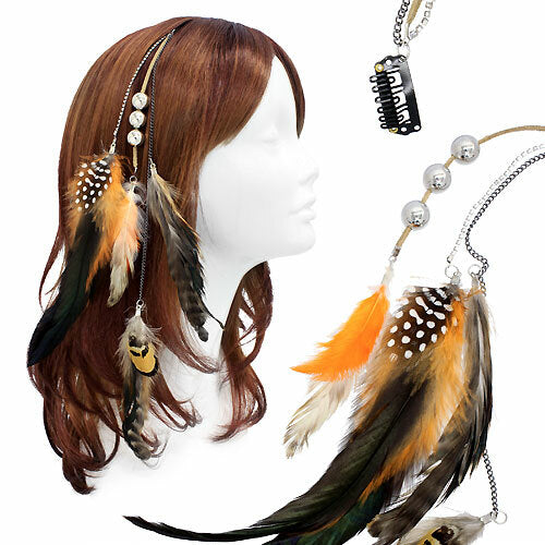 Feather Beaded Hair Extension Mini Hair Clip Comb Leather Cord Orange Black