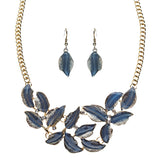 Beautiful Enamel Metal Leaf Design Bib Style Statement Necklace Set Gold Blue
