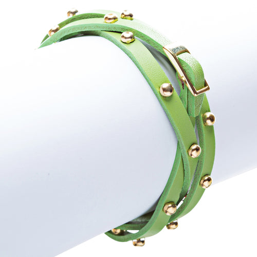 Green Gold Studded Italian Calf Leather Wrap Bracelet - Accessoriesforever