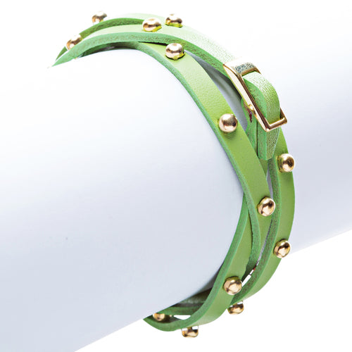 Green Gold Studded Italian Calf Leather Wrap Bracelet