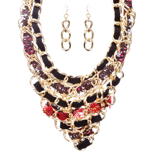 Unique Fashion Trendy Leatherette Braided Bib Design Statement Necklace Set Blue