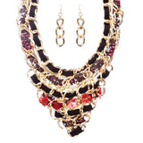 Unique Fashion Trendy Leatherette Braided Bib Design Statement Necklace Set Blue
