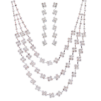 Bridal Wedding Jewelry Crystal Rhinestone Layered Links Necklace Set J664 Silver - Accessoriesforever