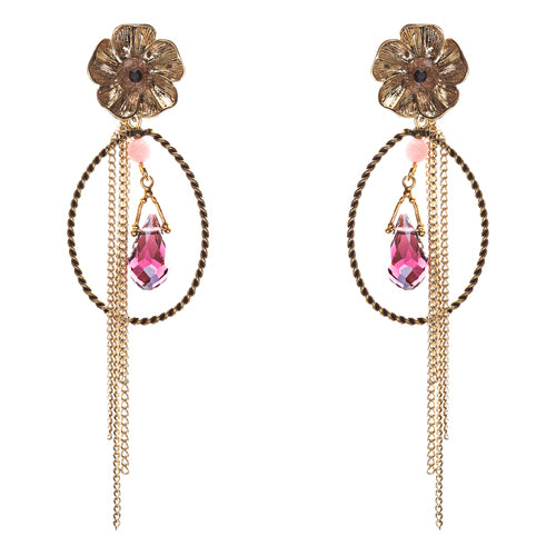 Semiprecious Flower & Chain Tear Drop Earrings Gold - Accessoriesforever