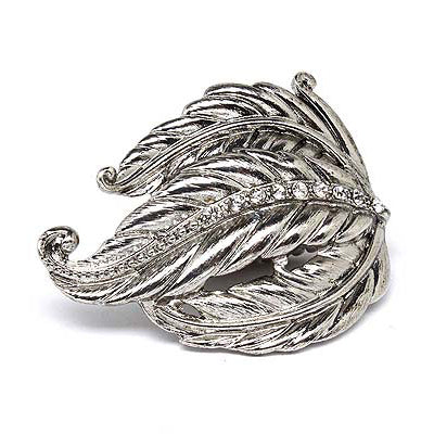 Leaf Design Nature Crystal Fashion Stretch Ring Silver