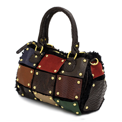 Multi Faux Leather Patchwork Patterned Faux Fur Based Satchel Handbag Bag Black