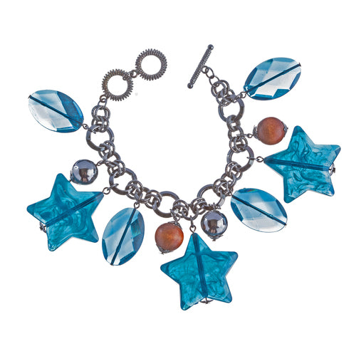 Lucite Star Charm Metal Link Wood Bead Bracelet Blue