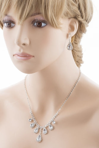 Bridal Wedding Jewelry Set Crystal Rhinestone Dangling Teardrops Silver - Accessoriesforever