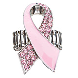 Pink Ribbon Breast Cancer Awareness Crystal Rhinestone Charm Stretch Ring Silver
