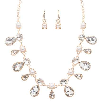Bridal Wedding Jewelry Crystal Rhinestone Faux Pearl Tear Drop Necklace J530Gold