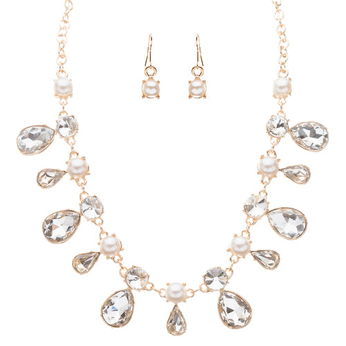 Bridal Wedding Jewelry Crystal Rhinestone Faux Pearl Tear Drop Necklace J530Gold