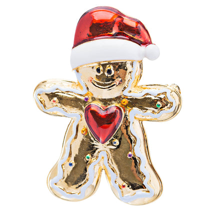 Christmas Jewelry Crystal Rhinestone Cute Gingerbread Man Heart Brooch Pin Gold