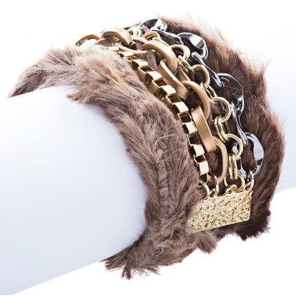 Multi Chain Soft Fur Cuff Bangle Bracelet Brown
