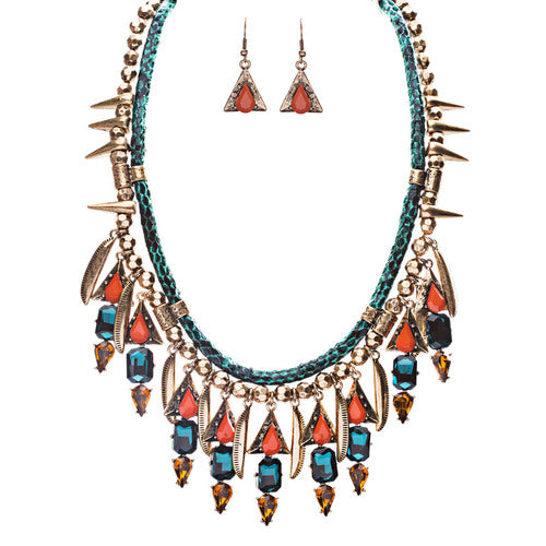 Tribal Fashion Crystal Rhinestone Daring Charm Necklace And Earrings JN224 Blue