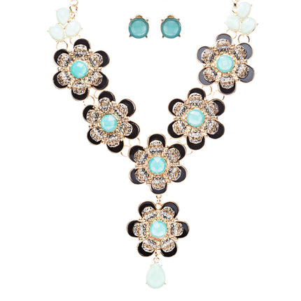 Statement Beautiful Layered Flower Floral Crystal Fashion Necklace Set Tq Black