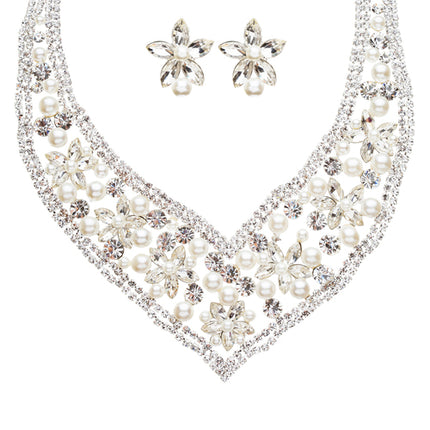 Bridal Wedding Jewelry Crystal Rhinestone Magnificent Floral Necklace J547 White - Accessoriesforever