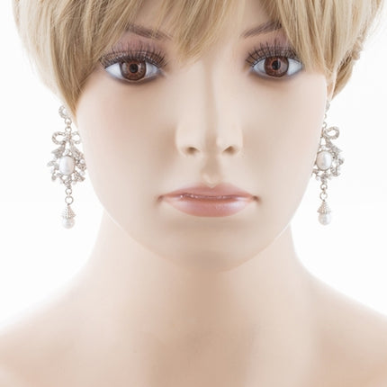 Bridal Wedding Jewelry Crystal Rhinestone Pearl Ribbon Bow Dangle Earrings White - Accessoriesforever
