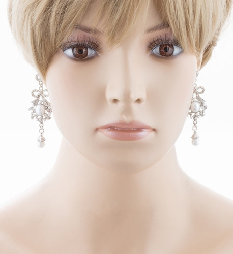 Bridal Wedding Jewelry Crystal Rhinestone Pearl Ribbon Bow Dangle Earrings White - Accessoriesforever