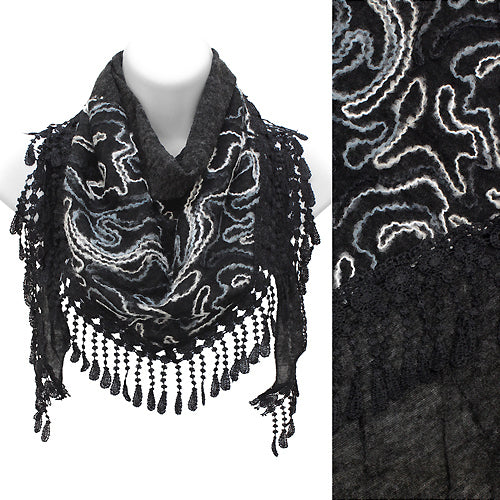 Duo Layer Abstract Design Lace Drop Triangle Fashion Scarf Black - Accessoriesforever